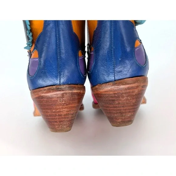 VTG Zalo Multicolor Leather Fringe Cowboy Boots 6.5 Western Boho Festival Art